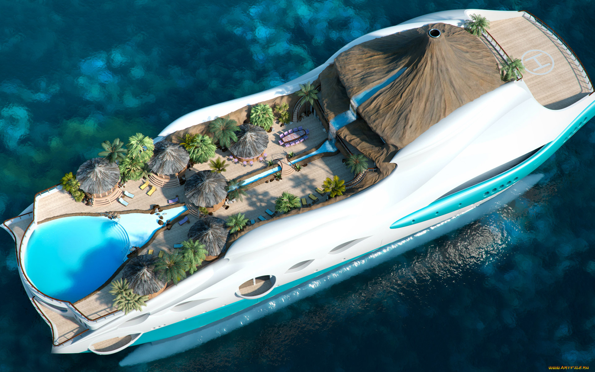 tropical island paradise - superyacht, , 3d, , , , , , , , , 